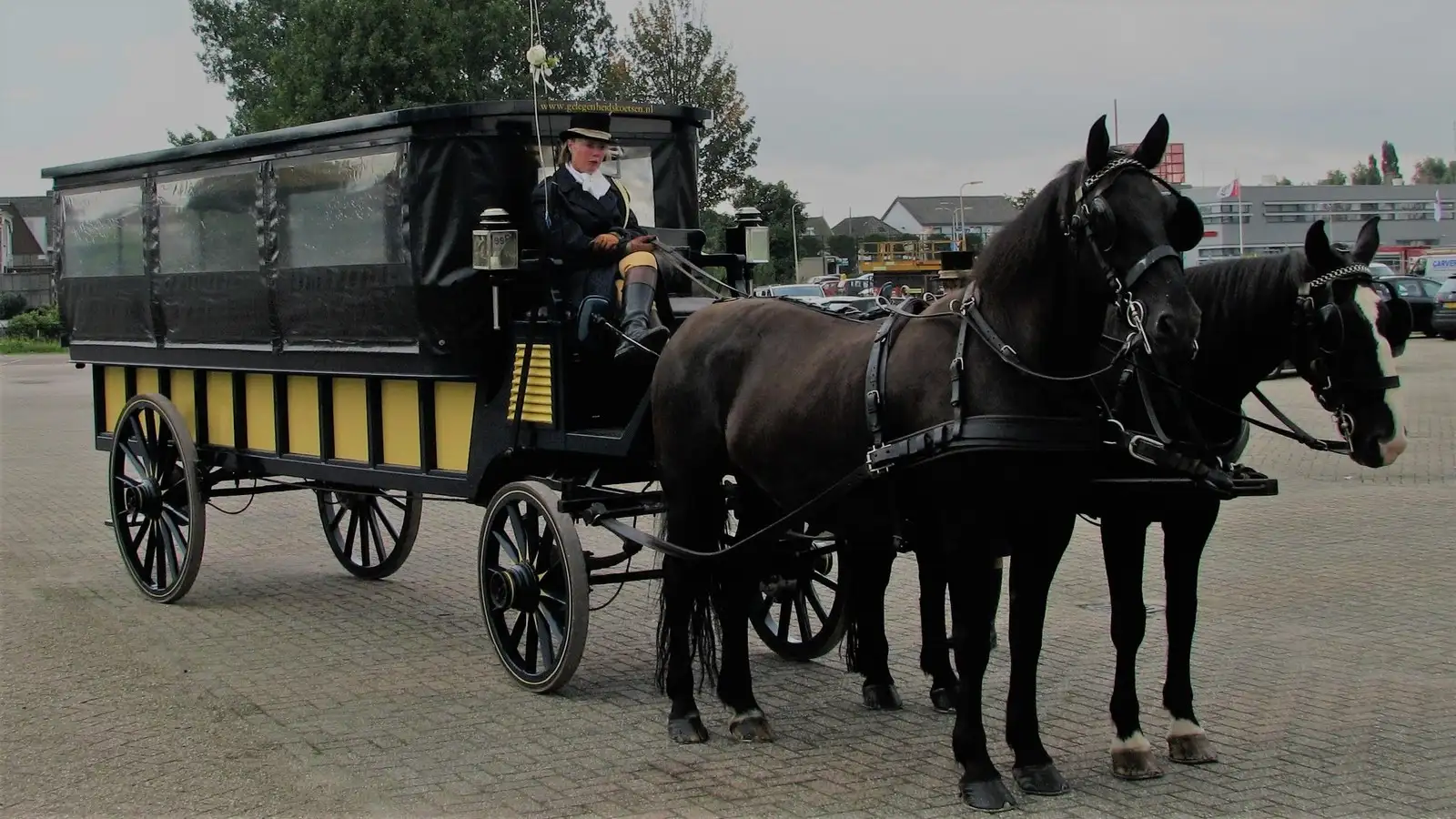 Grote janplezier voor twintig personen met koetsier en twee zwarte paarden