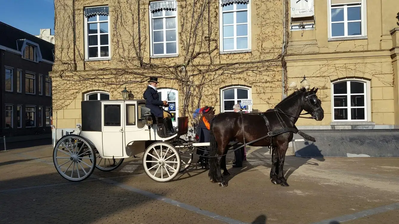 Witte gesloten trouwkoets met twee zwarte paarden op een stadsplein